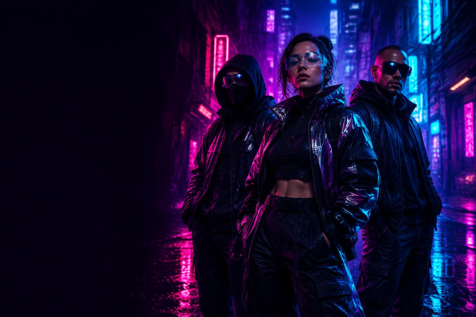 Drie cyberpunk gamers vormen samen een crew in een neonverlichte stad